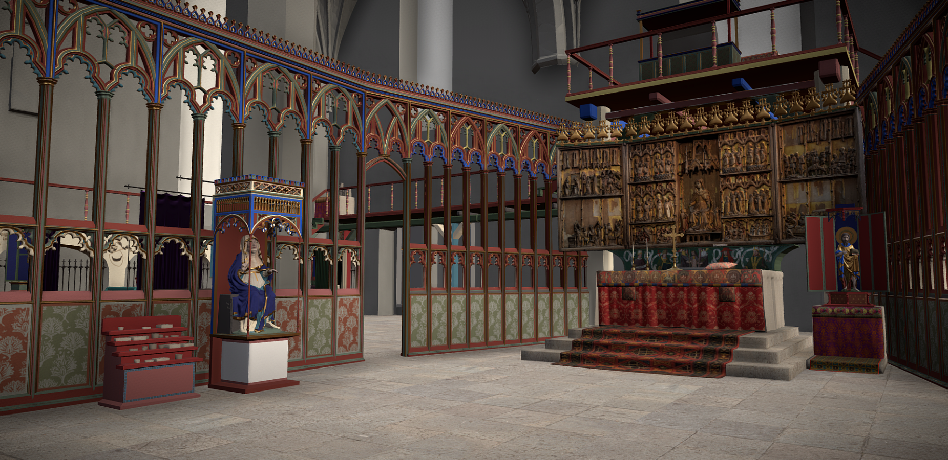 Interiör bild av rekonstruktion av Vadstena Klosterkyrka.