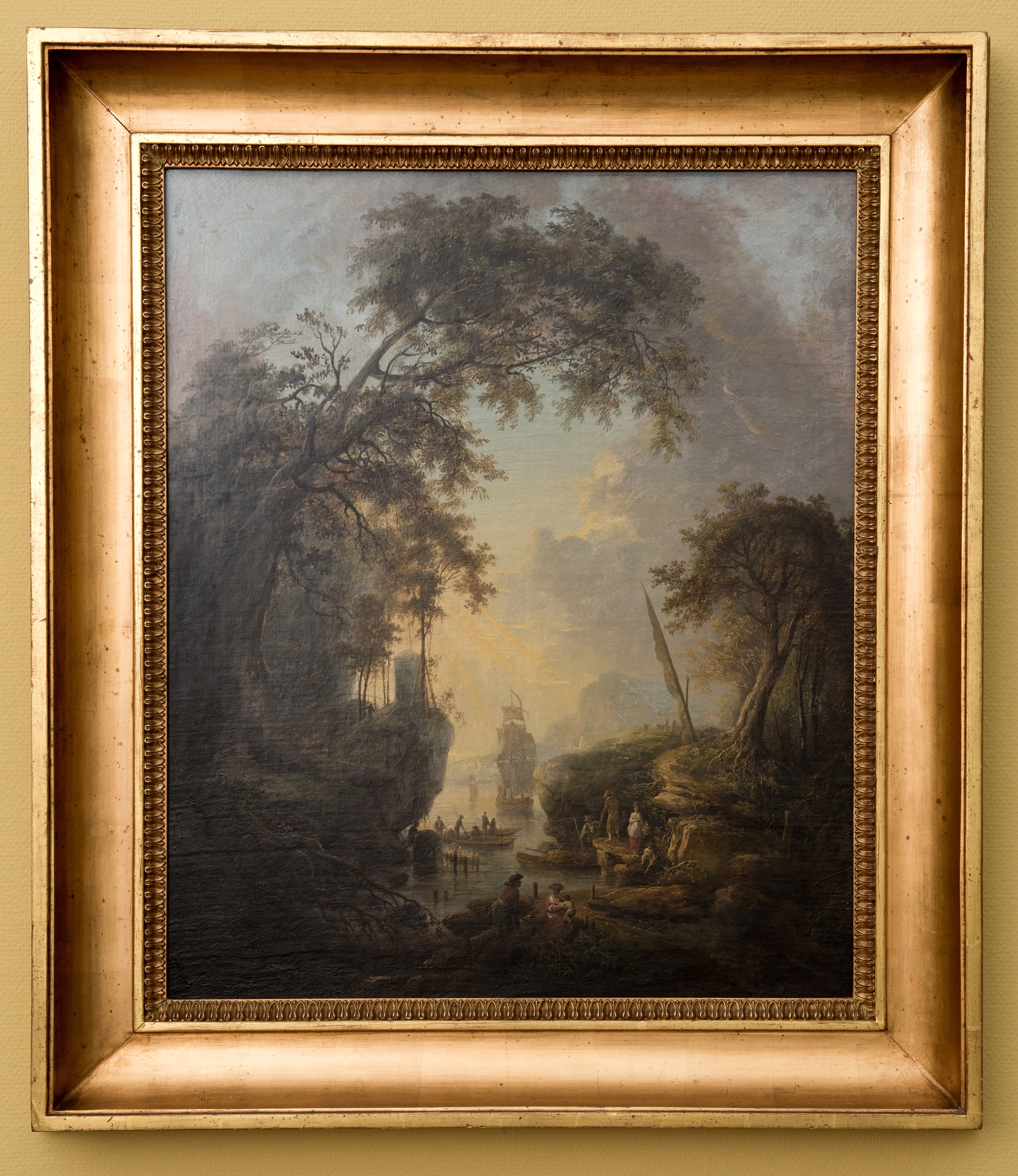 Elias Martins "Romantiskt landskap med vatten och skuta". Oljemålning daterad till 1776-1777.