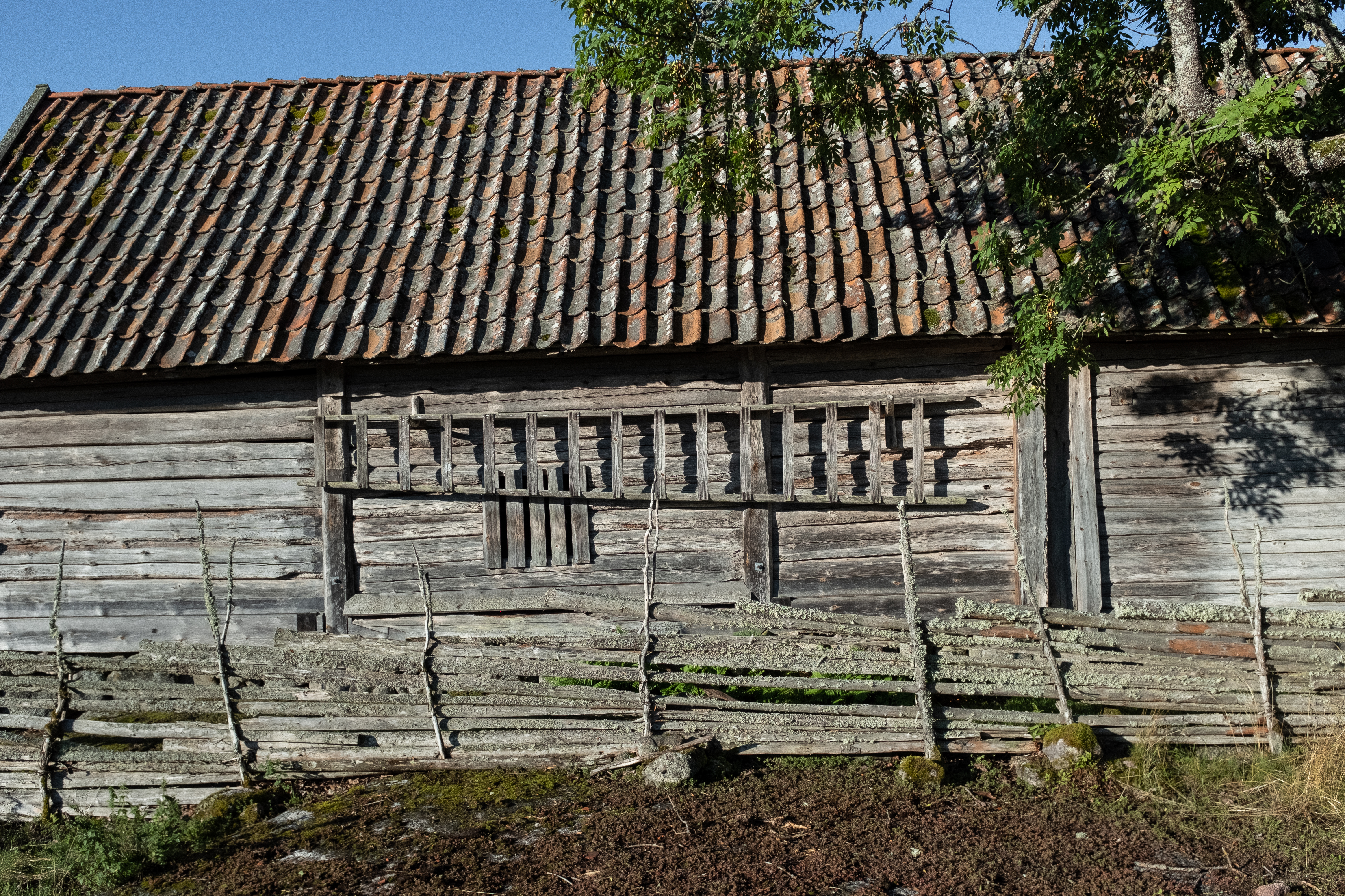 Närbild på trähus intill ett staket