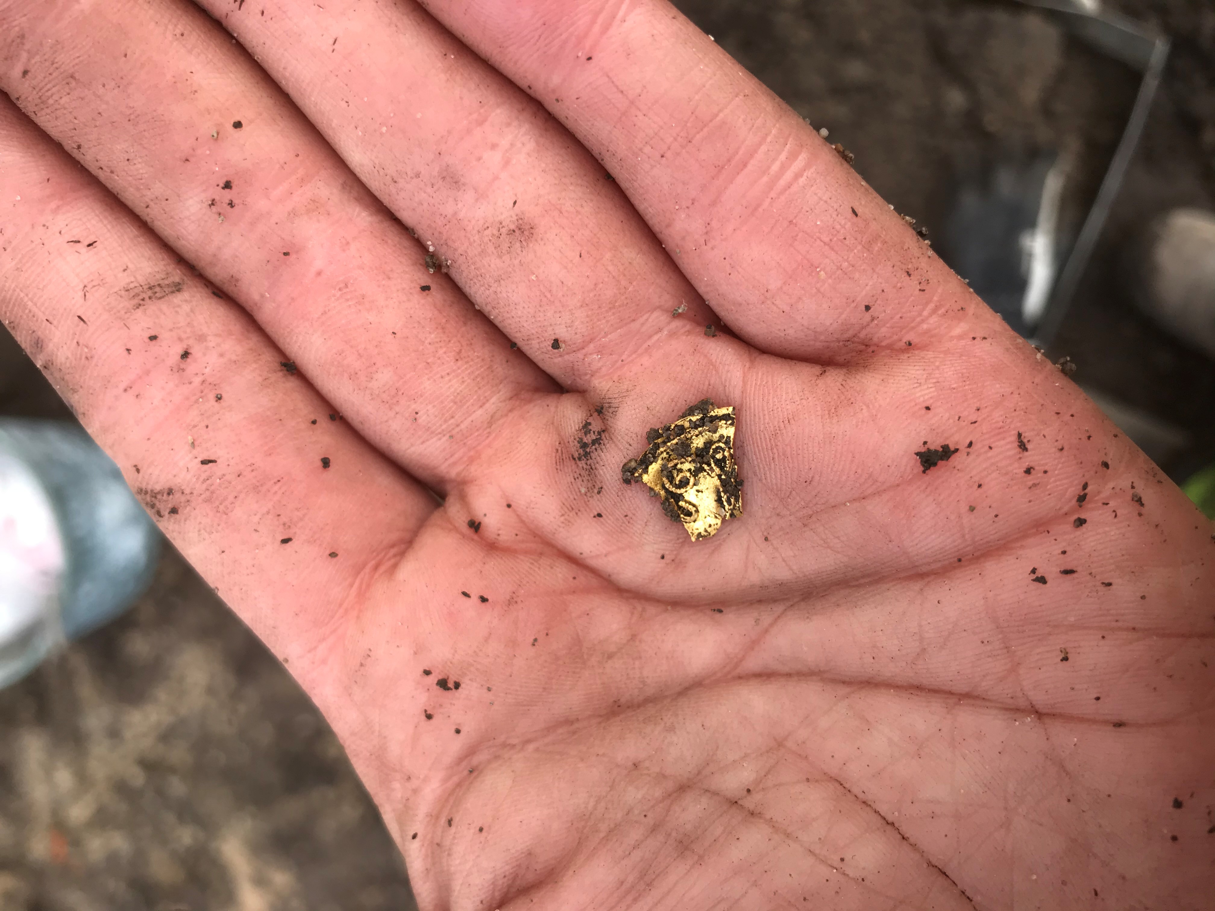 Gulklimp i hand från arkeologiskt fynd