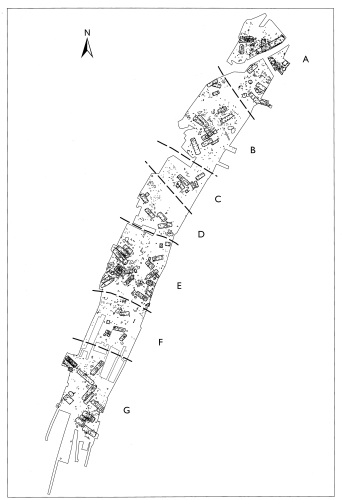 Undersökta hus vid Pryssgården markerade på karta. Från utgrävningsrapporten från Riksantikvariämbetet