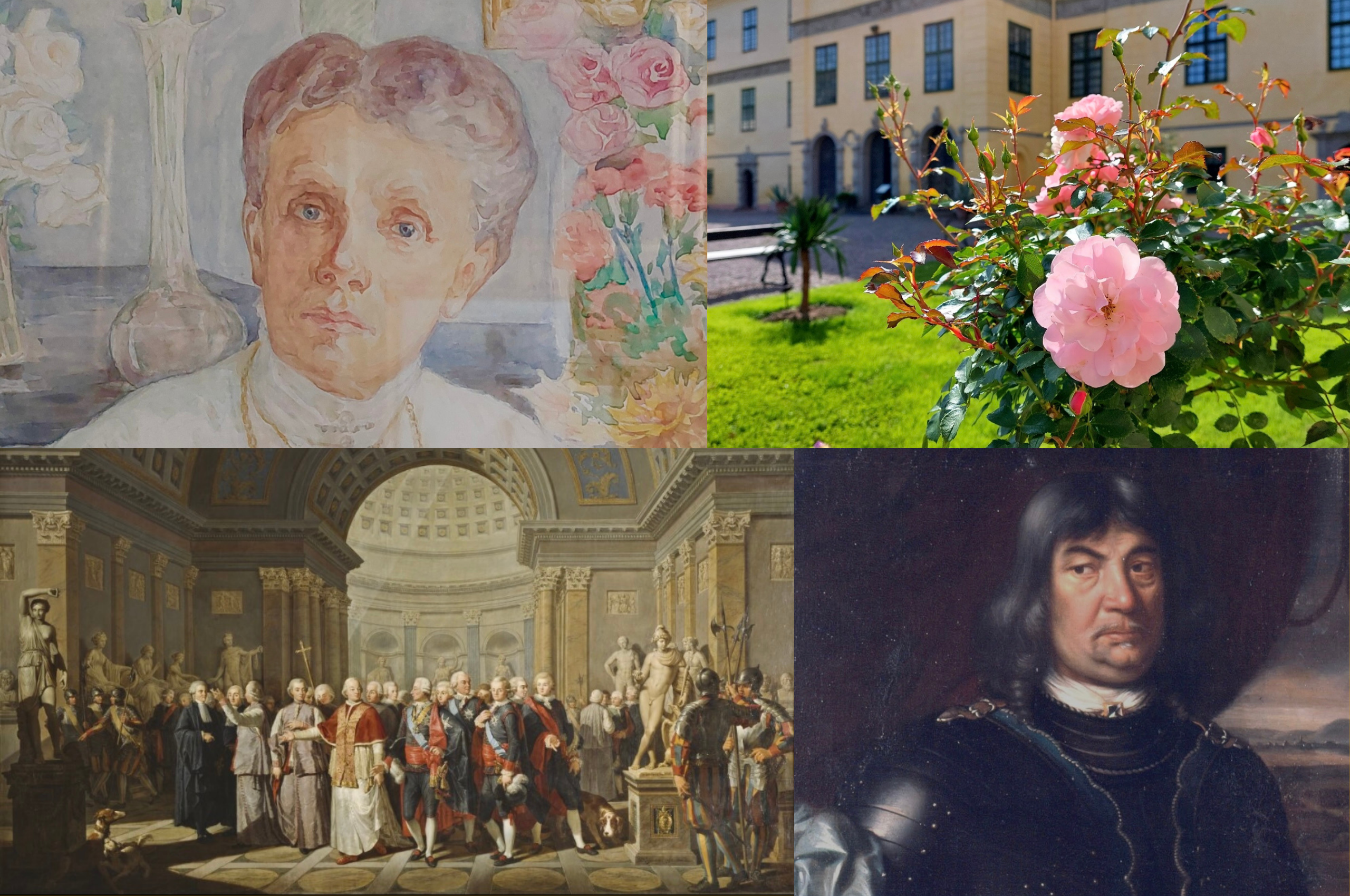 Kollage av bilder: Porträtt av Emilie Piper, foto av slottet med en ros i förgrunden, tavla från Gustav III:s besök i Peterskyrkan och porträtt av Axel Lillie.