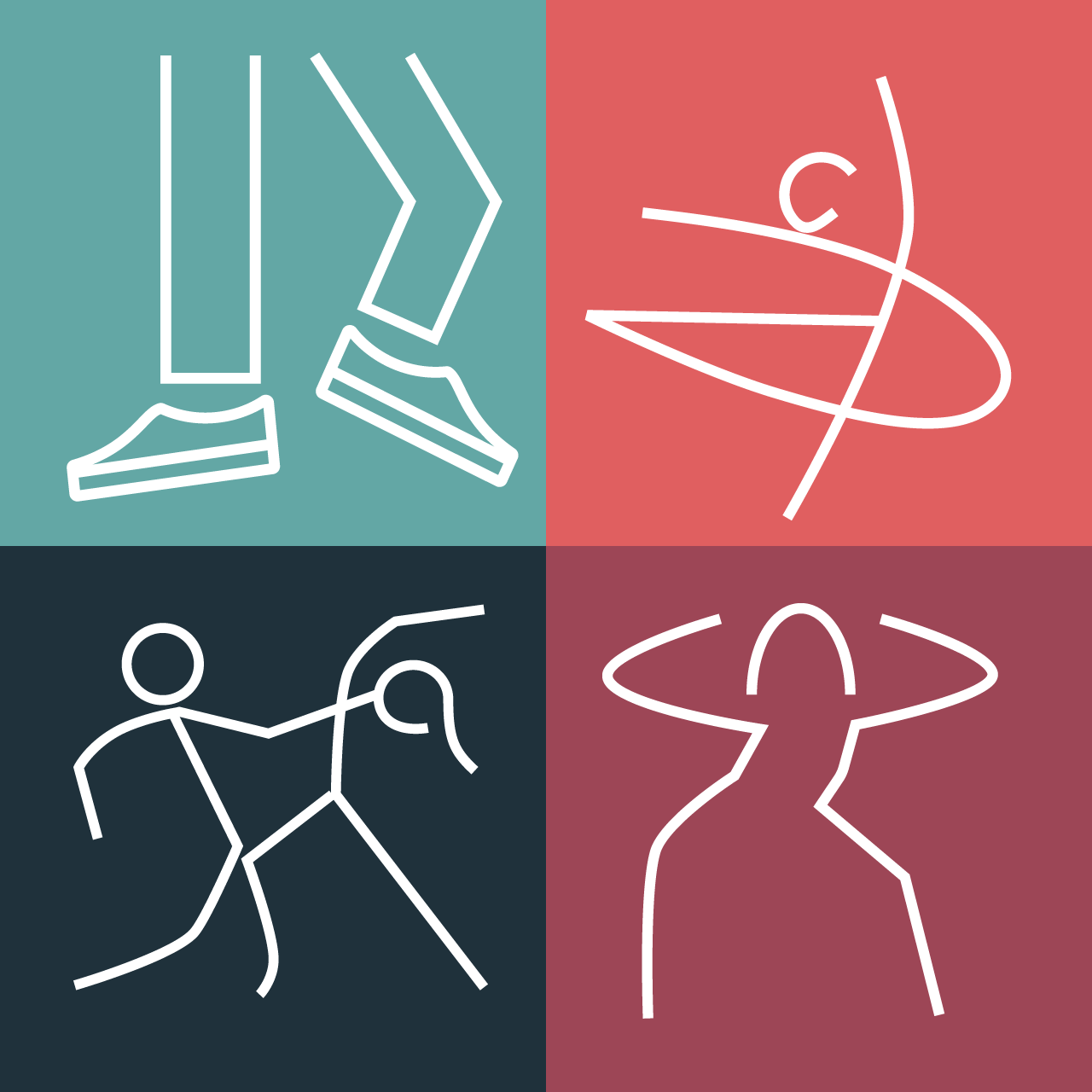 Olika tecknade figurer gör danssteg.