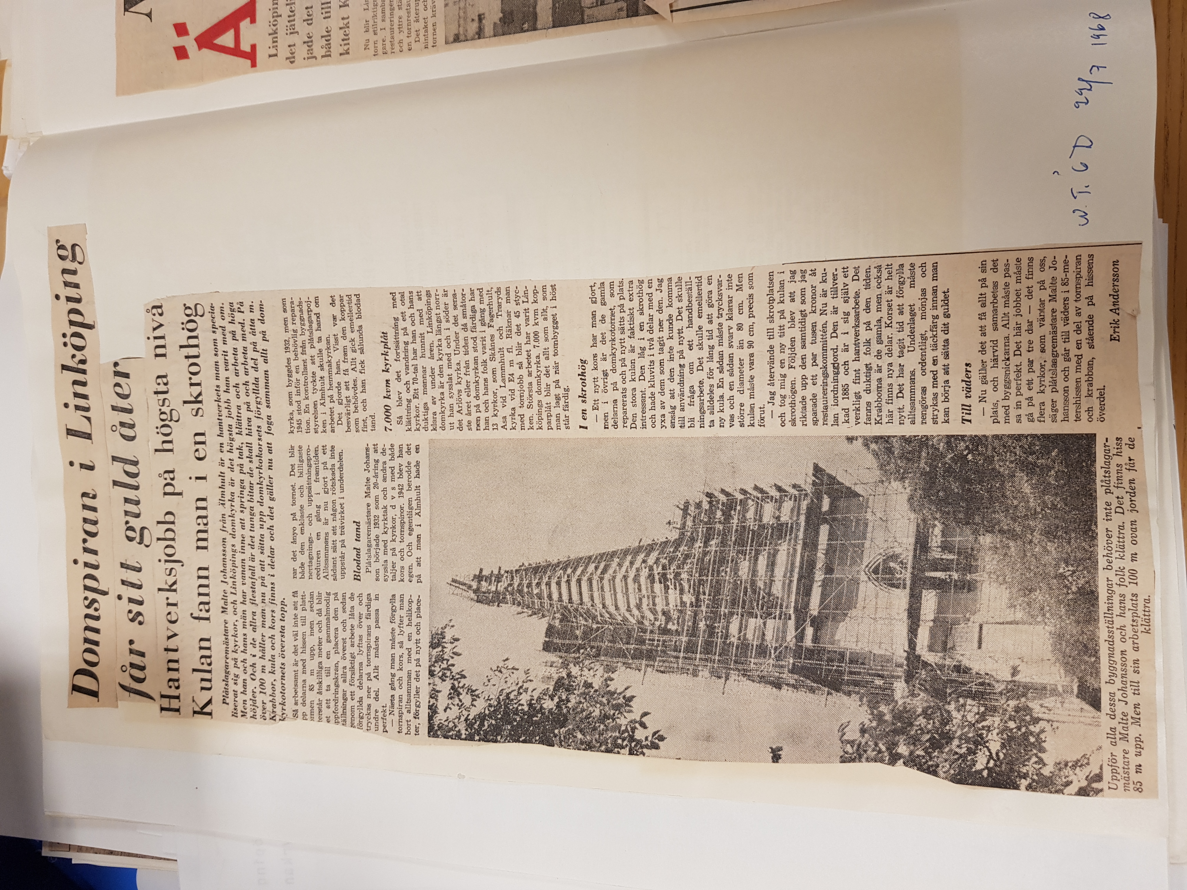 Artikel om restaureringsarbetet på Linköpings domkyrka i Norrköpings tidningar/Östergötlands dagblad i juli 1968. 