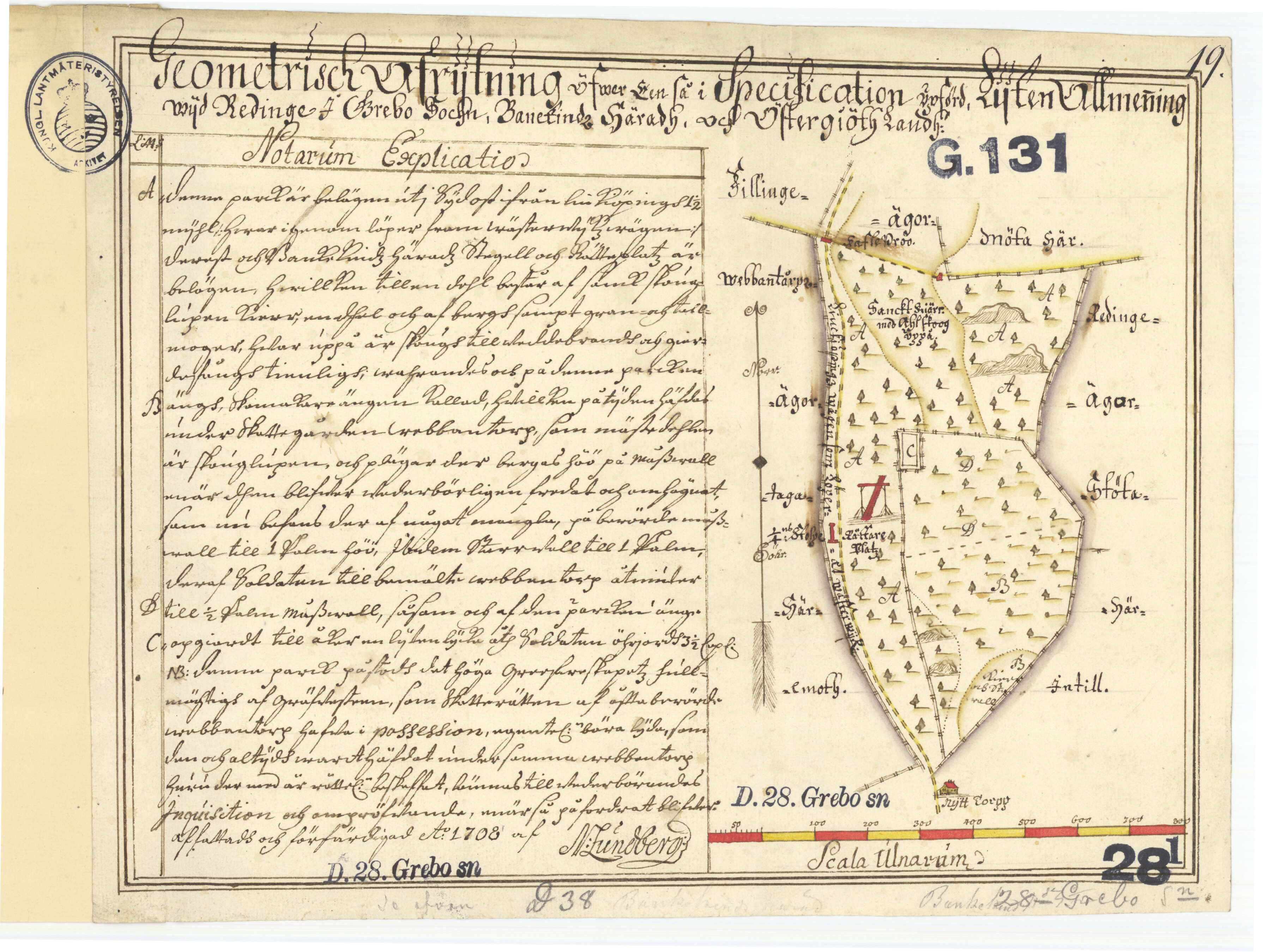 Den äldsta bevarade kartan från 1708 som visar Bankekind härads avrättningsplats i Grebo, Åtvidabergs kommun.