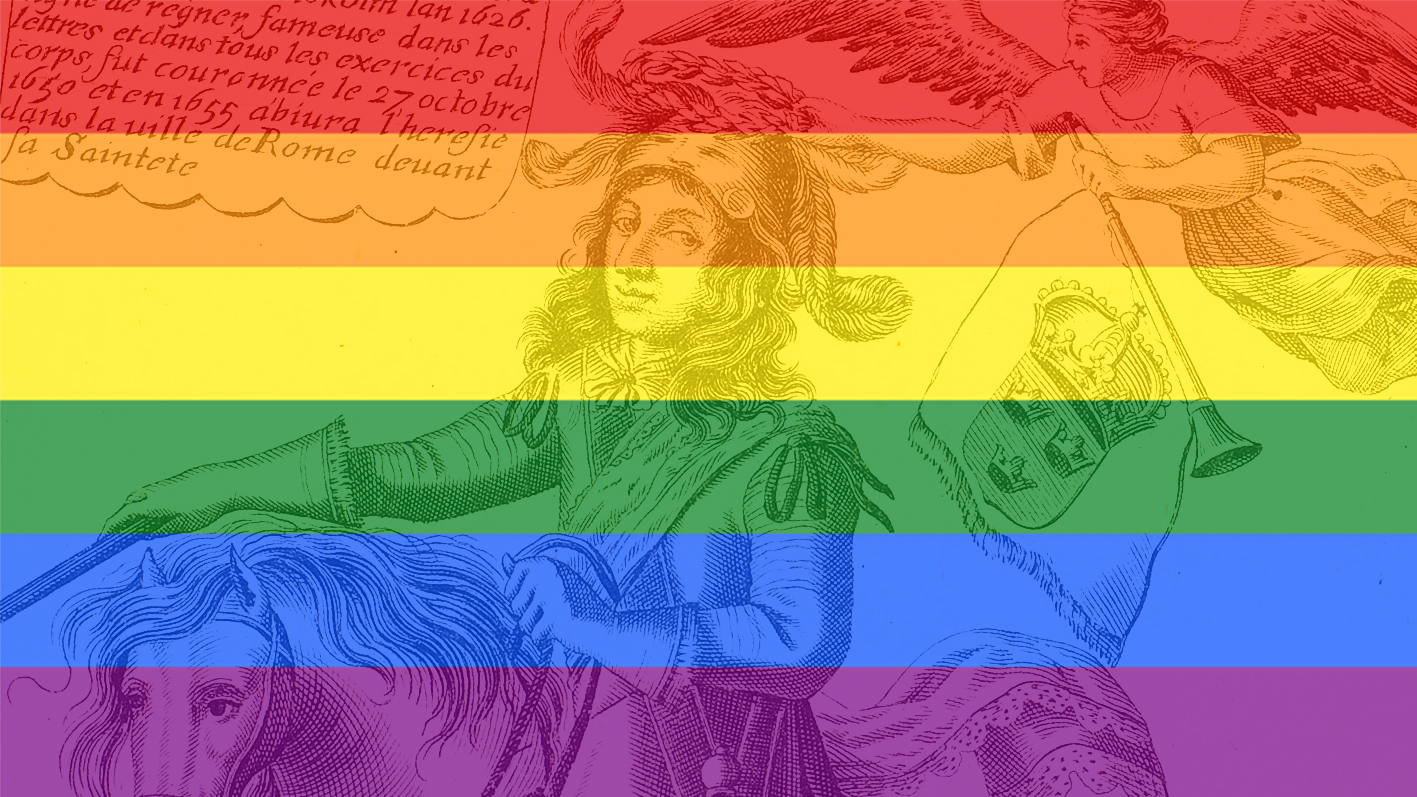 Banner med drottning Kristina bakom Prideflaggans färger.