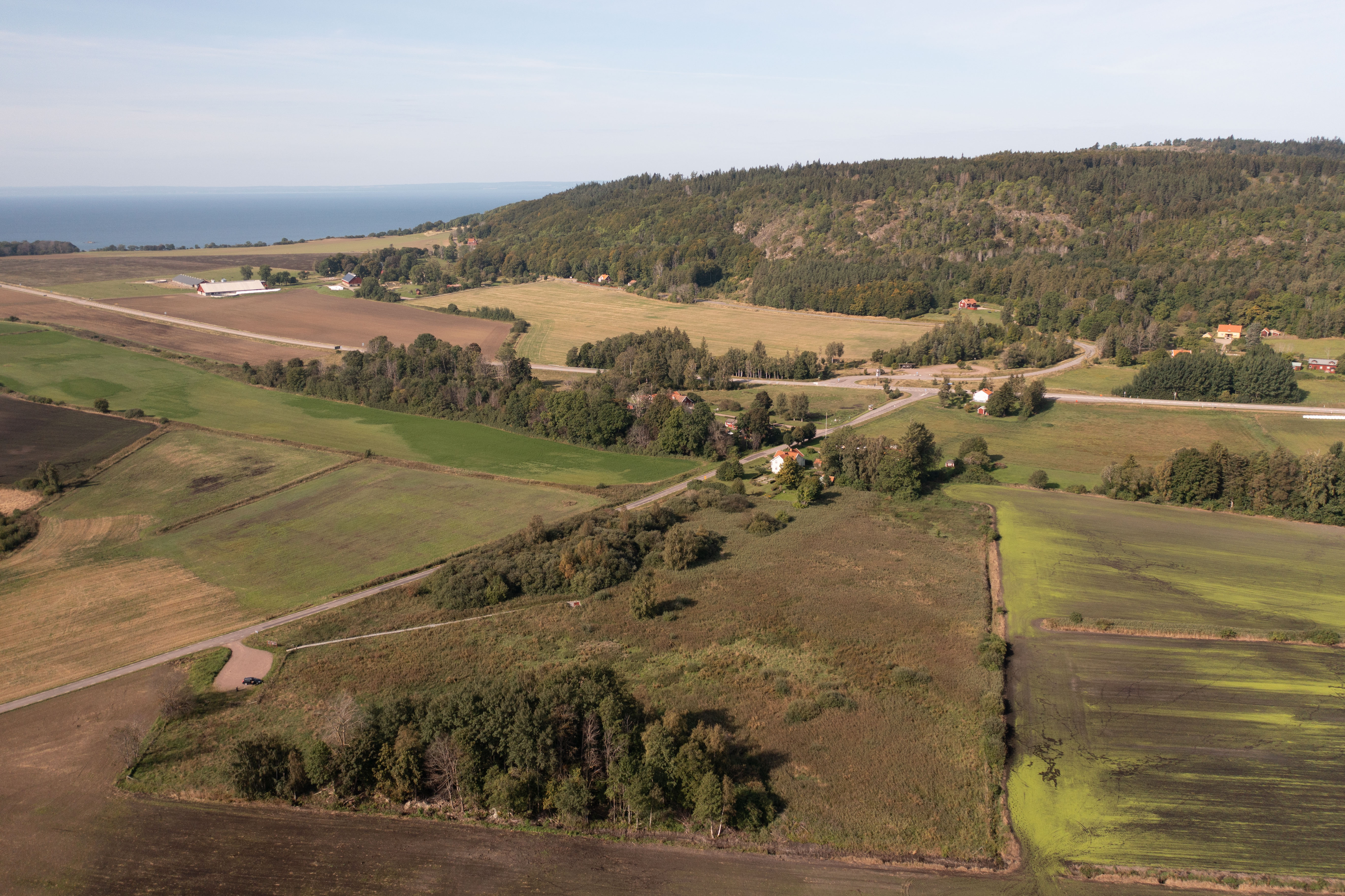 Fotografi över Alvastra sett från ovan. Vägar, mosser och fält. Sjön Vättern skymtas i bakgrunden. Platsen för Alvastra pålbyggnad