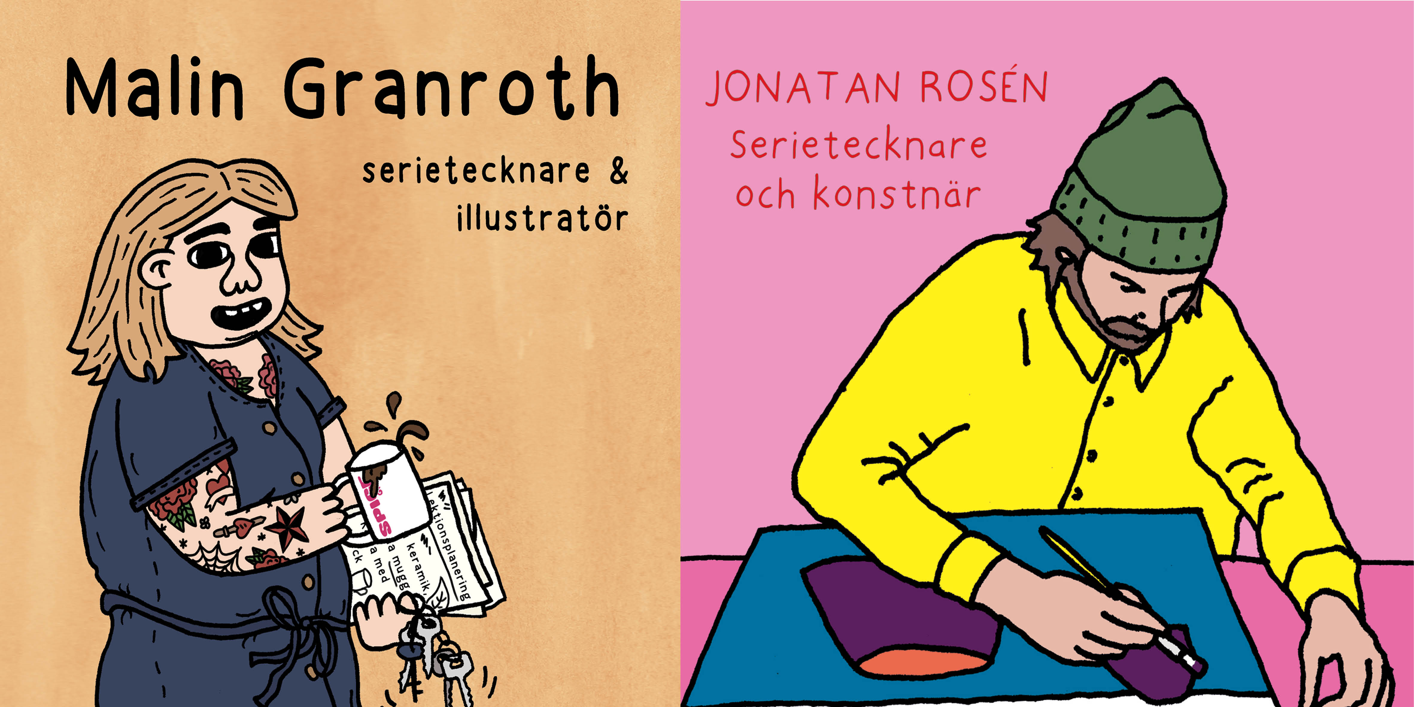 Två självporträtt av serietecknarna Malin Granroth och Jonatan Rosén.