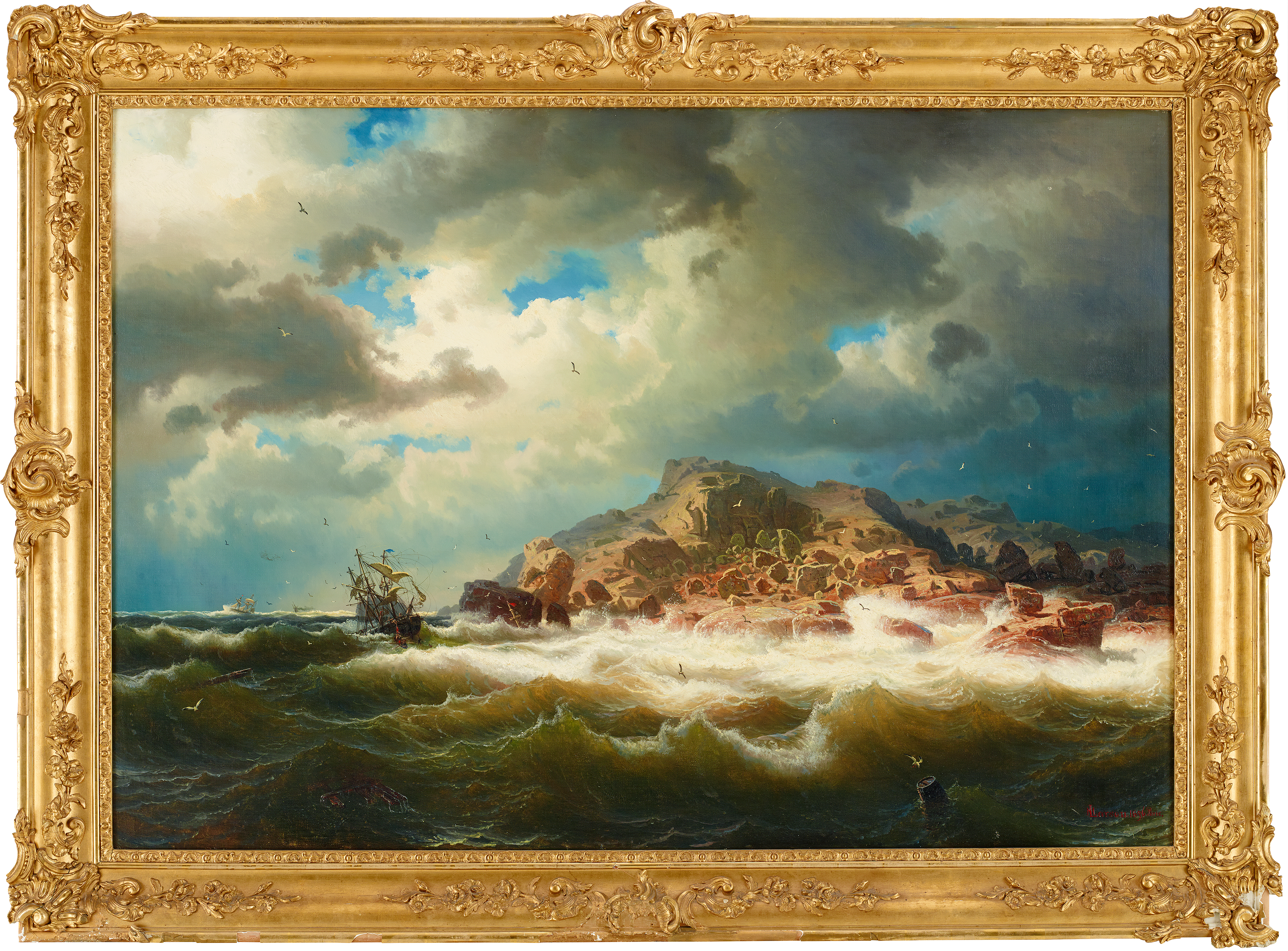 Bränningar och skepp vid bohuslänska kusten, Marcus Larson, 1856, olja på duk, OM.B.005225 PDM (Utgången skyddstid)