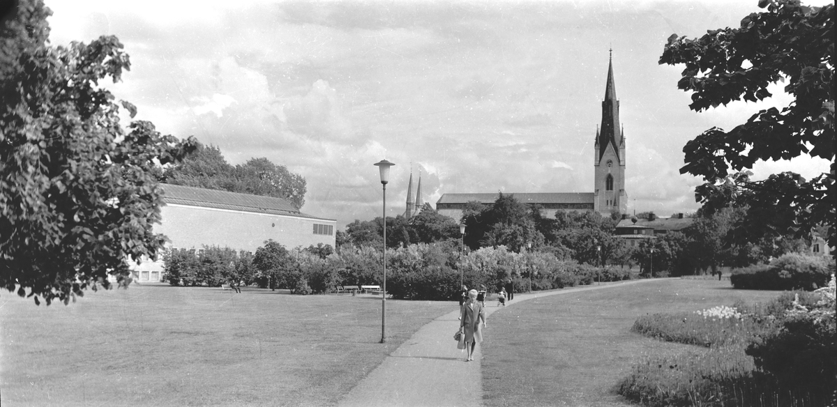 Svartbit bild på väg som leder till domkyrkan via östergötlands museum