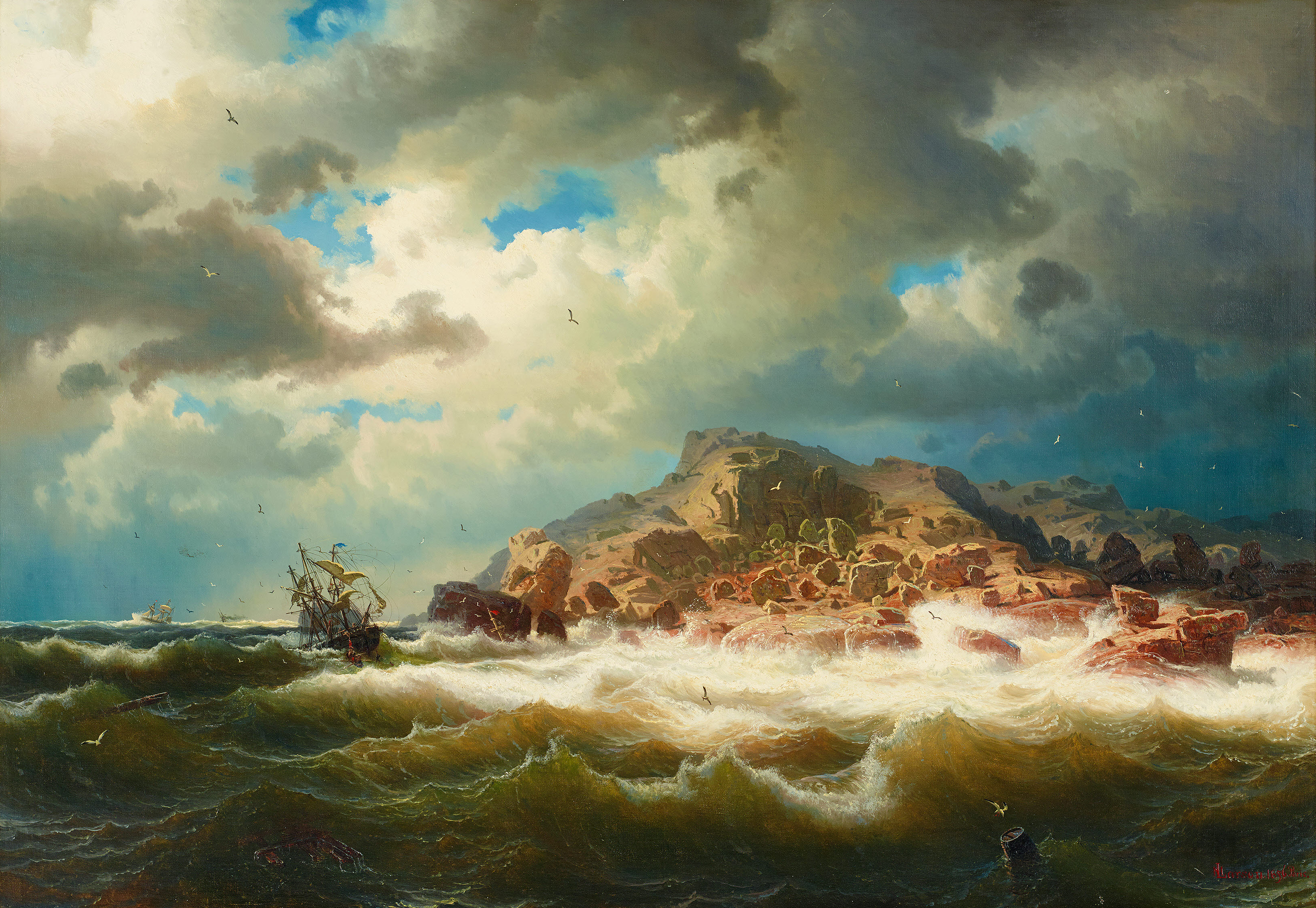 ”Bränningar och skepp vid bohuslänska kusten”, oljemålning av Marcus Larson