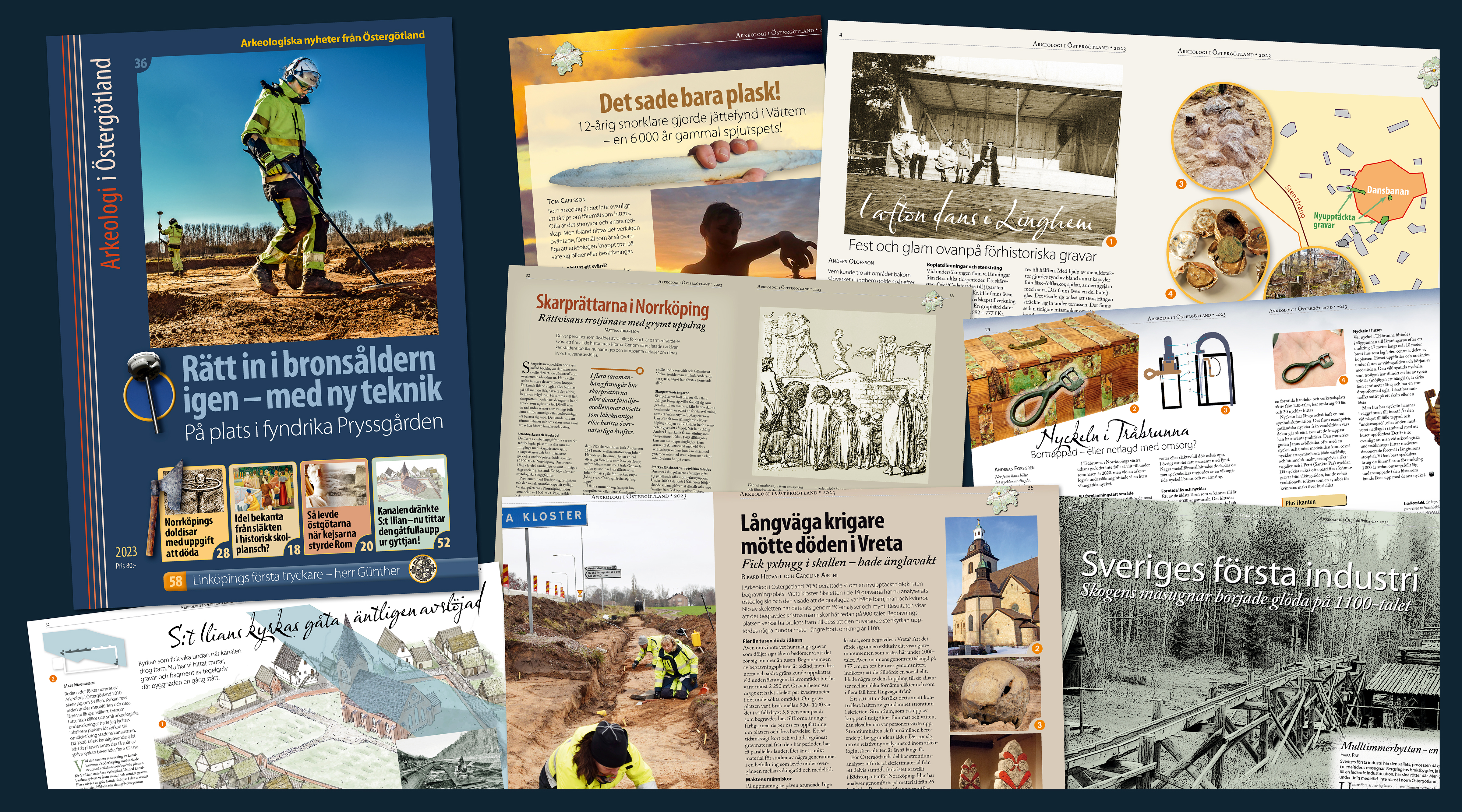 Ett kollage med sidor ur 2023 års nummer av tidskriften Arkeologi i Östergötland.
