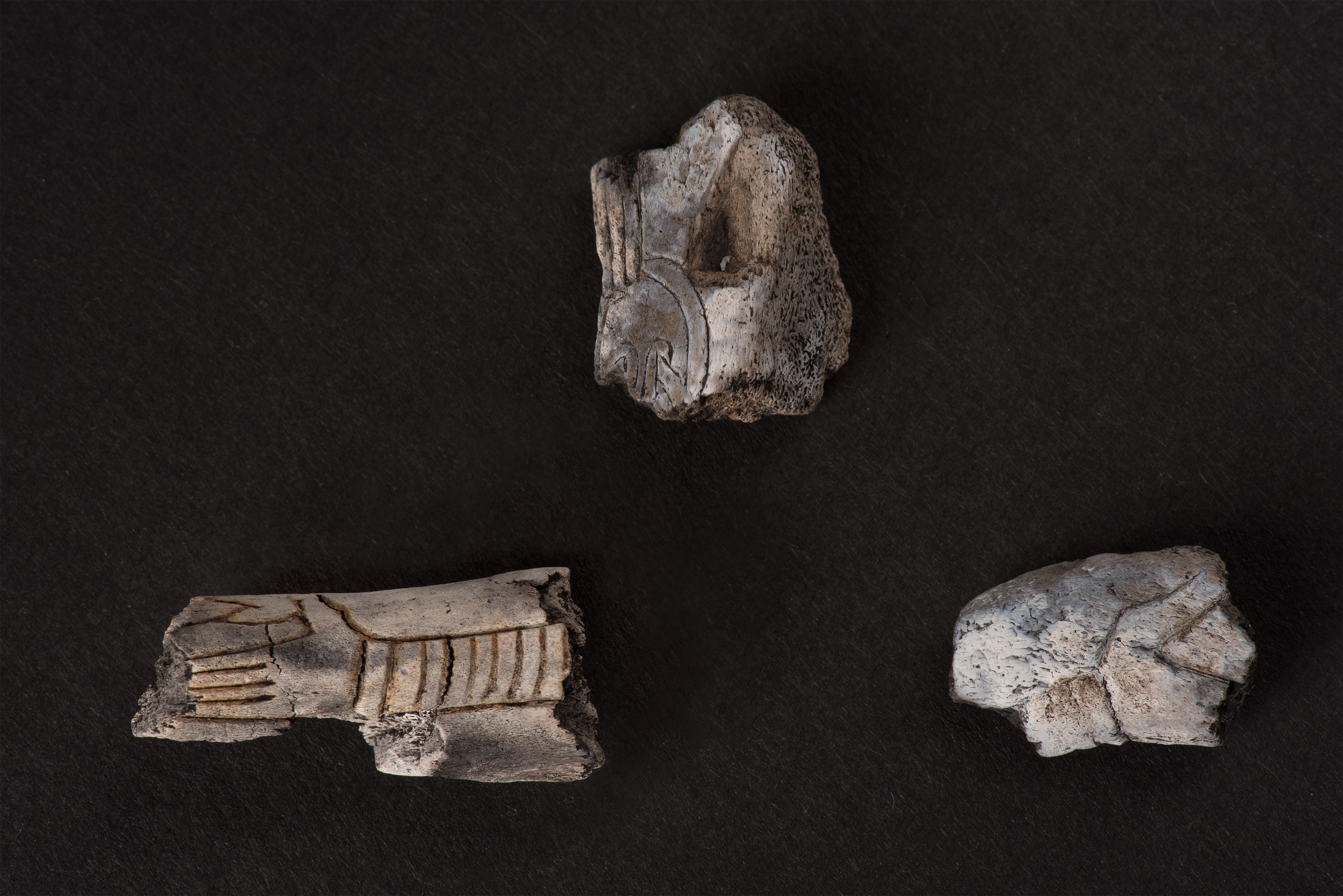 Tre ornerade fragment av ett krucifix. Fynd från tidigkristen kvinnograv daterad till 900-talet. Kvarnbacken, Vadstena. Utgrävd av Östergötlands museum 2005.