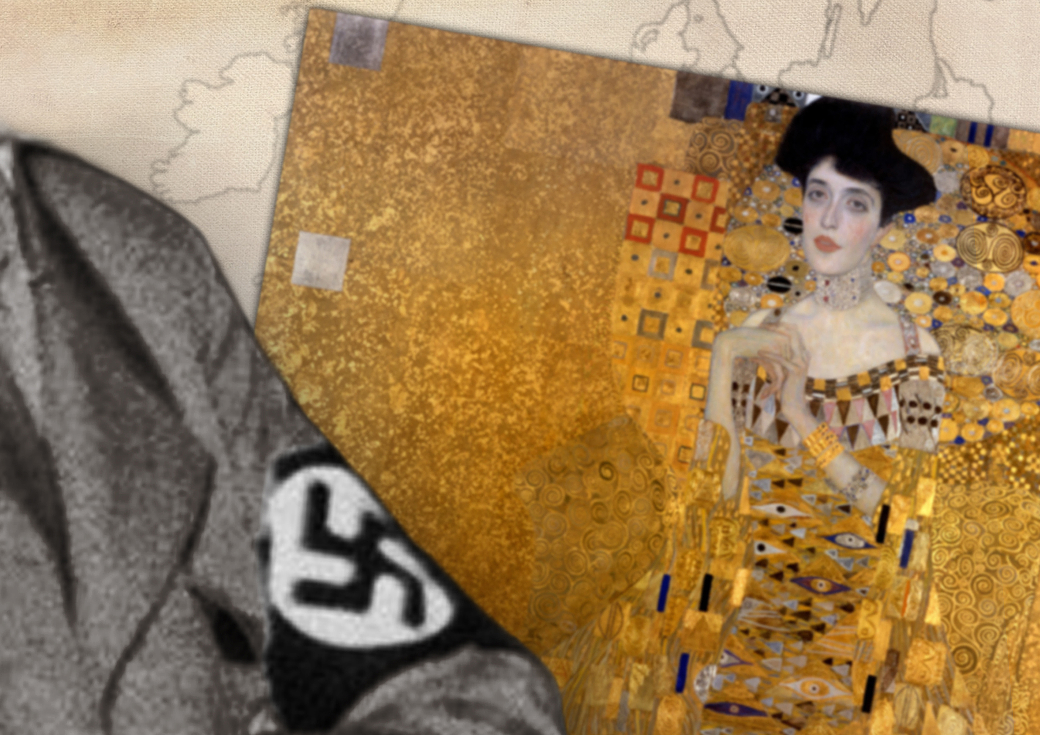 En arm med nazistsymbol, i bakgrunden en tavla av den kände konstnären Gustav Klimt