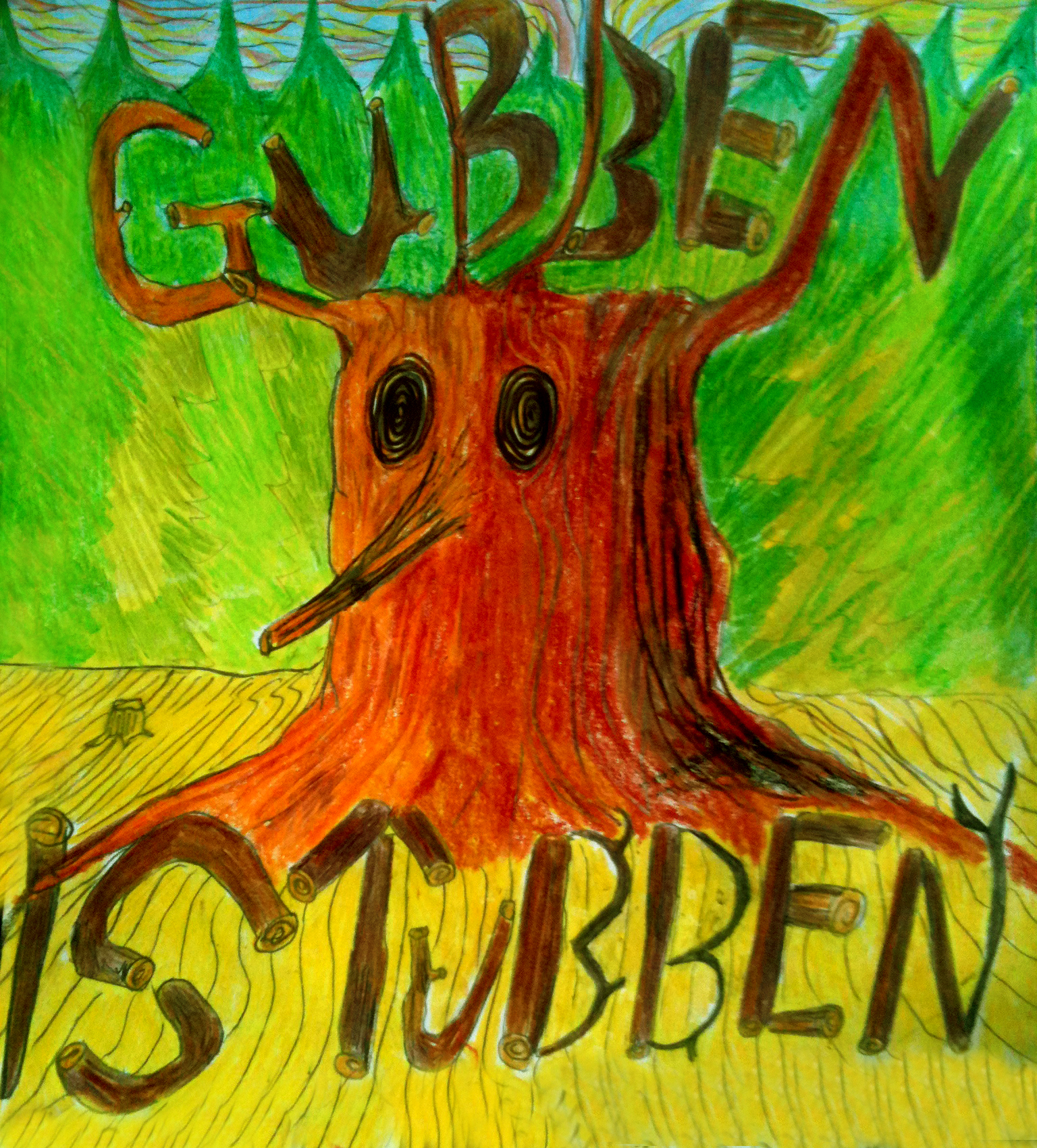 En illustration med en stubbe och texten "Gubben i stubben".